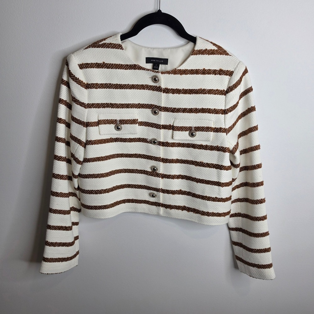 Ann Taylor Blazer Womens 6P White Brown Striped Tweed Cropped Button Front